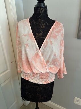 Kimono Sleeve Smocked Pink Top L By Dress Up